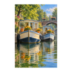 White-background original artwork of dutch houseboat with marigolds