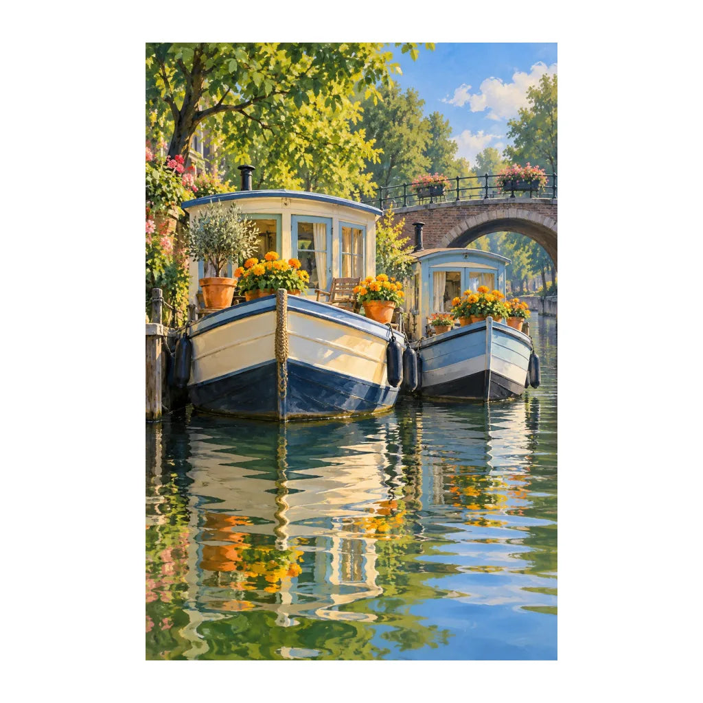 White-background original artwork of dutch houseboat with marigolds