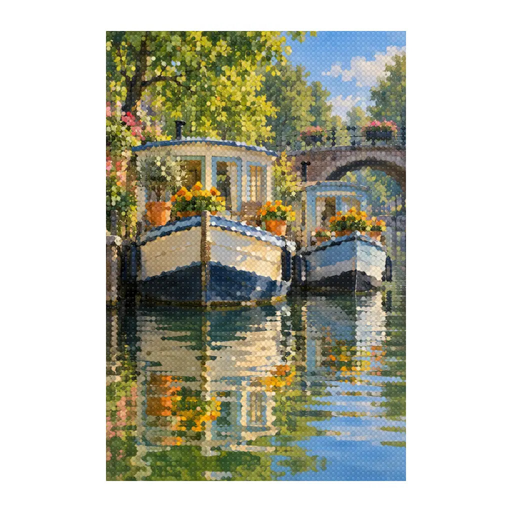 White-background finished diamond painting of dutch houseboat with marigolds