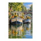 White-background finished diamond painting of dutch houseboat with marigolds