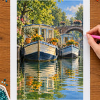 Hands placing drills on the dutch houseboat with marigolds diamond painting canvas