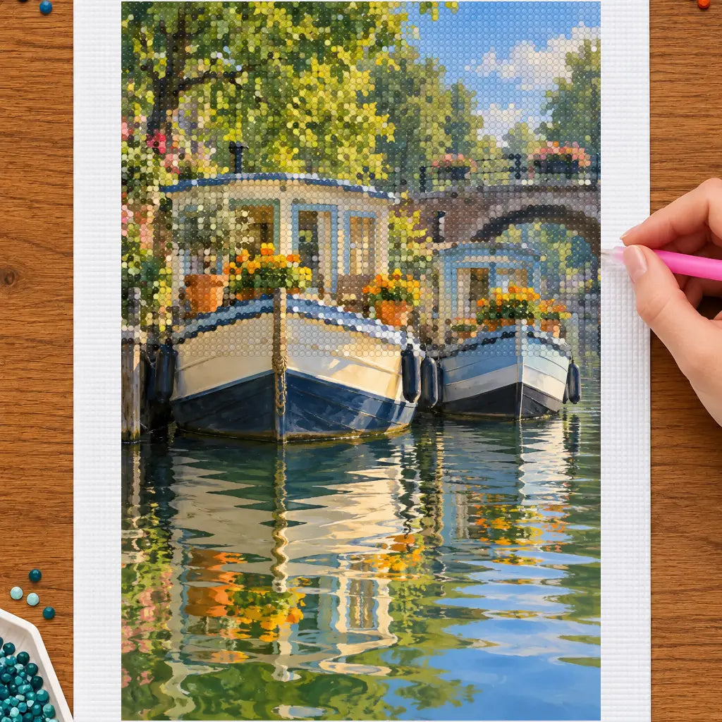 Hands placing drills on the dutch houseboat with marigolds diamond painting canvas