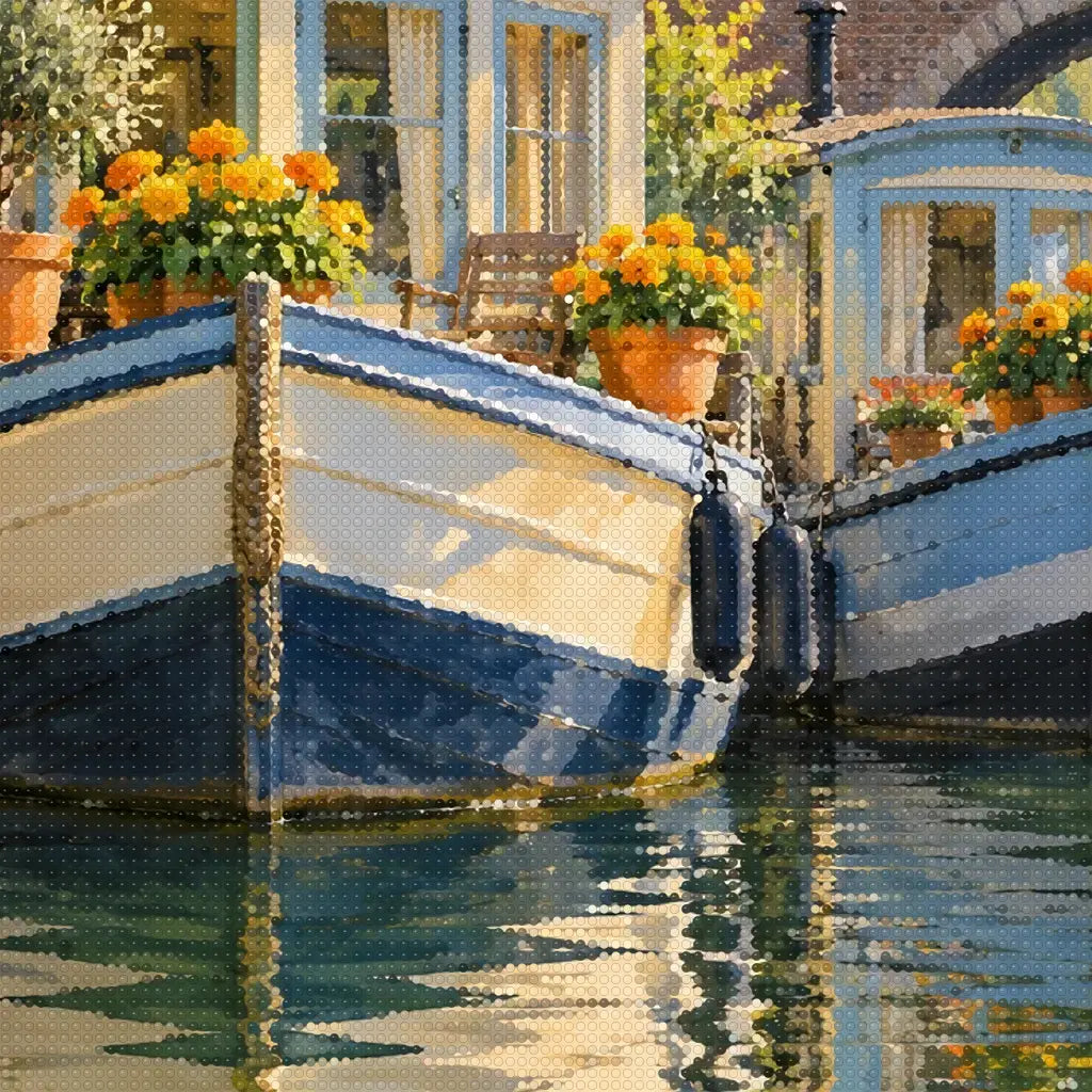 Close-up diamond detail of the dutch houseboat with marigolds diamond painting