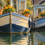 Close-up diamond detail of the dutch houseboat with marigolds diamond painting