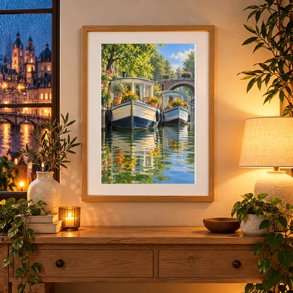 Framed home display of the dutch houseboat with marigolds diamond painting