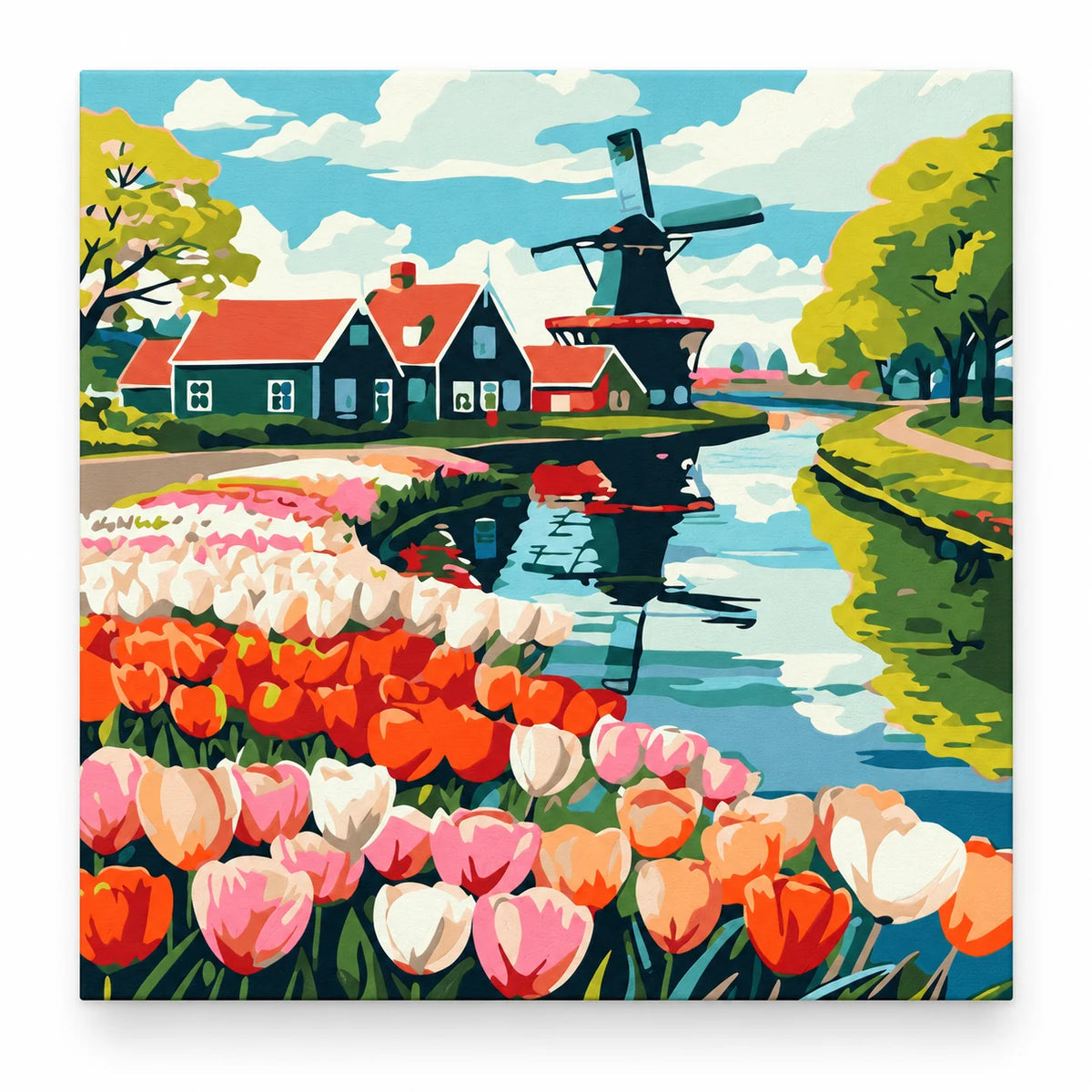 Dutch Windmill and Tulip Field paint by numbers artwork on a front-facing canvas against a white background