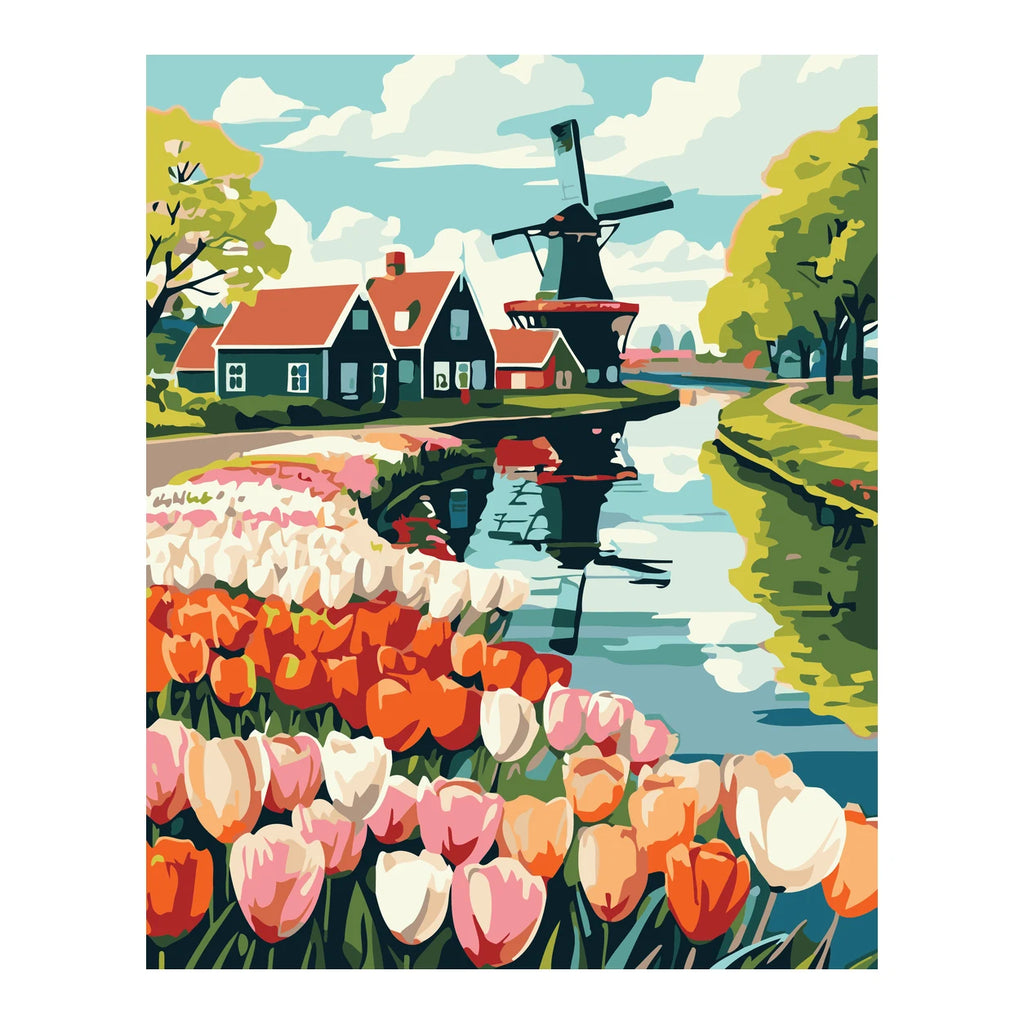 Dutch Windmill and Tulip Field completed artwork on a clean white background