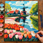 Complete Dutch Windmill and Tulip Field numbered canvas being painted with acrylic paints and brushes