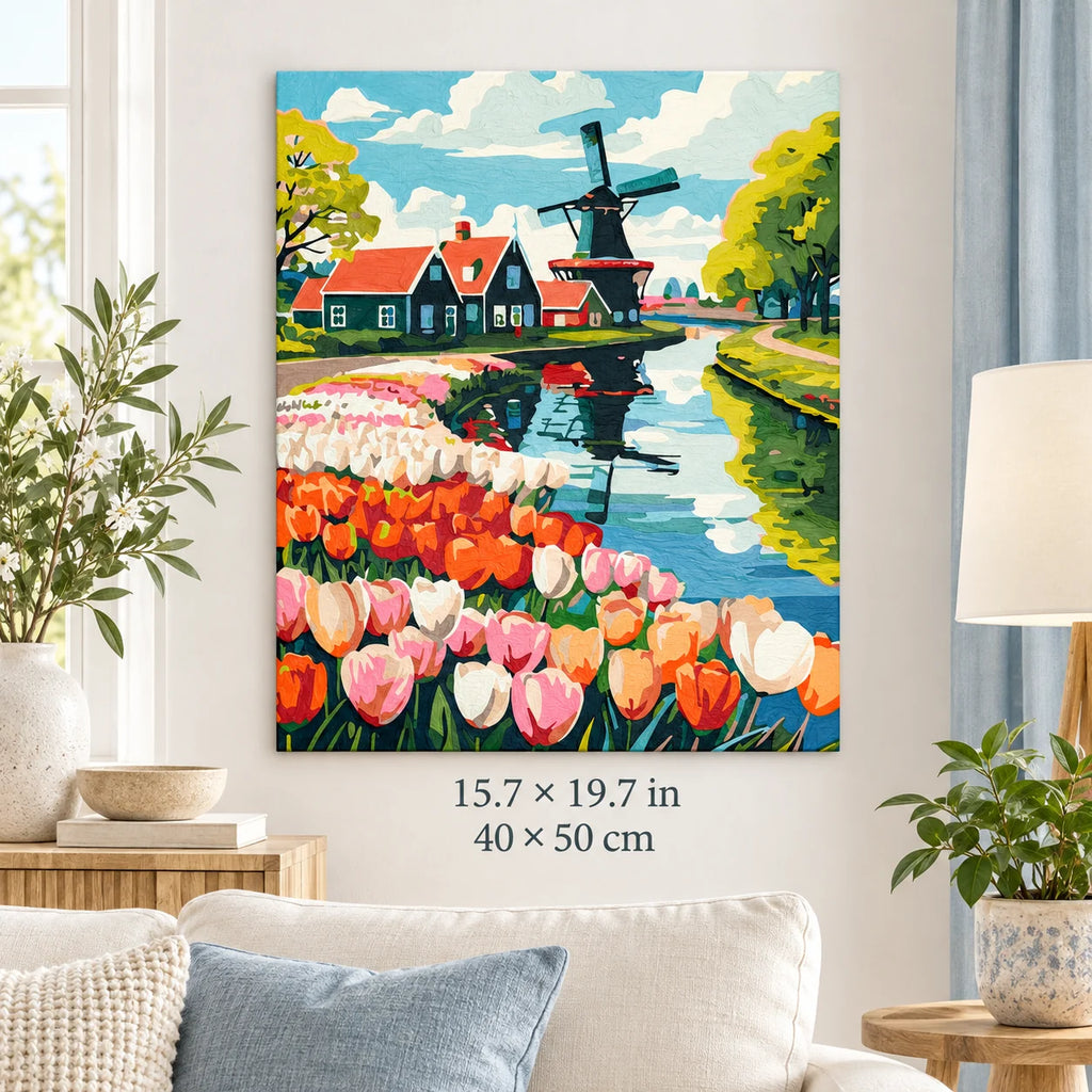 Dutch Windmill and Tulip Field shown in a styled room with 15.7 × 19.7 in and 40 × 50 cm dimensions