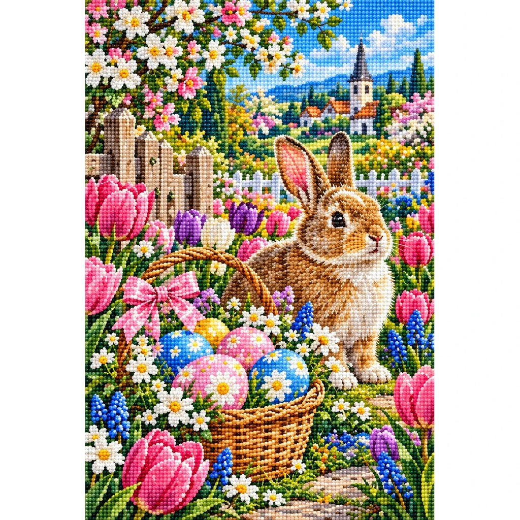 Easter Bunny Tulip Garden — finished diamond painting on a white background
