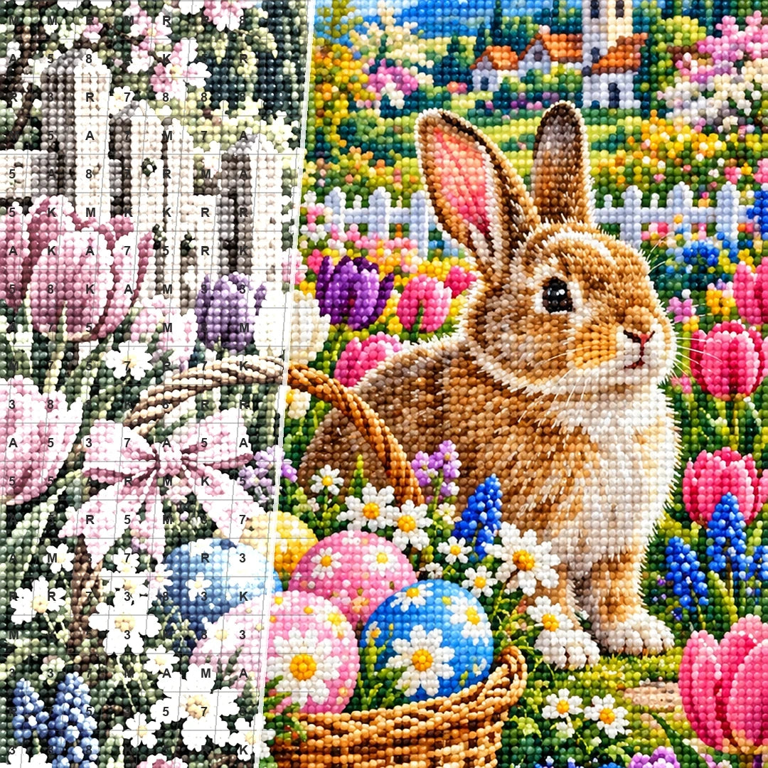 Easter Bunny Tulip Garden — close-up canvas and resin drill detail
