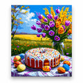 Easter Cake and Tulip Bouquet paint by numbers artwork on a front-facing canvas against a white background