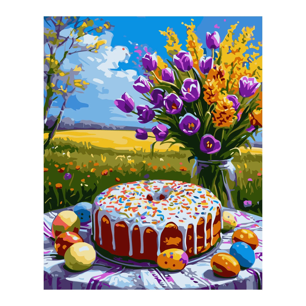 Easter Cake and Tulip Bouquet completed artwork on a clean white background
