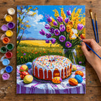 Complete Easter Cake and Tulip Bouquet numbered canvas being painted with acrylic paints and brushes