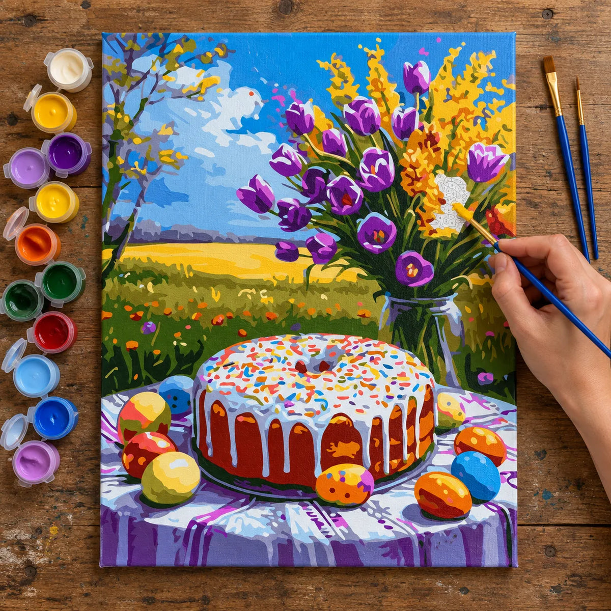 Complete Easter Cake and Tulip Bouquet numbered canvas being painted with acrylic paints and brushes