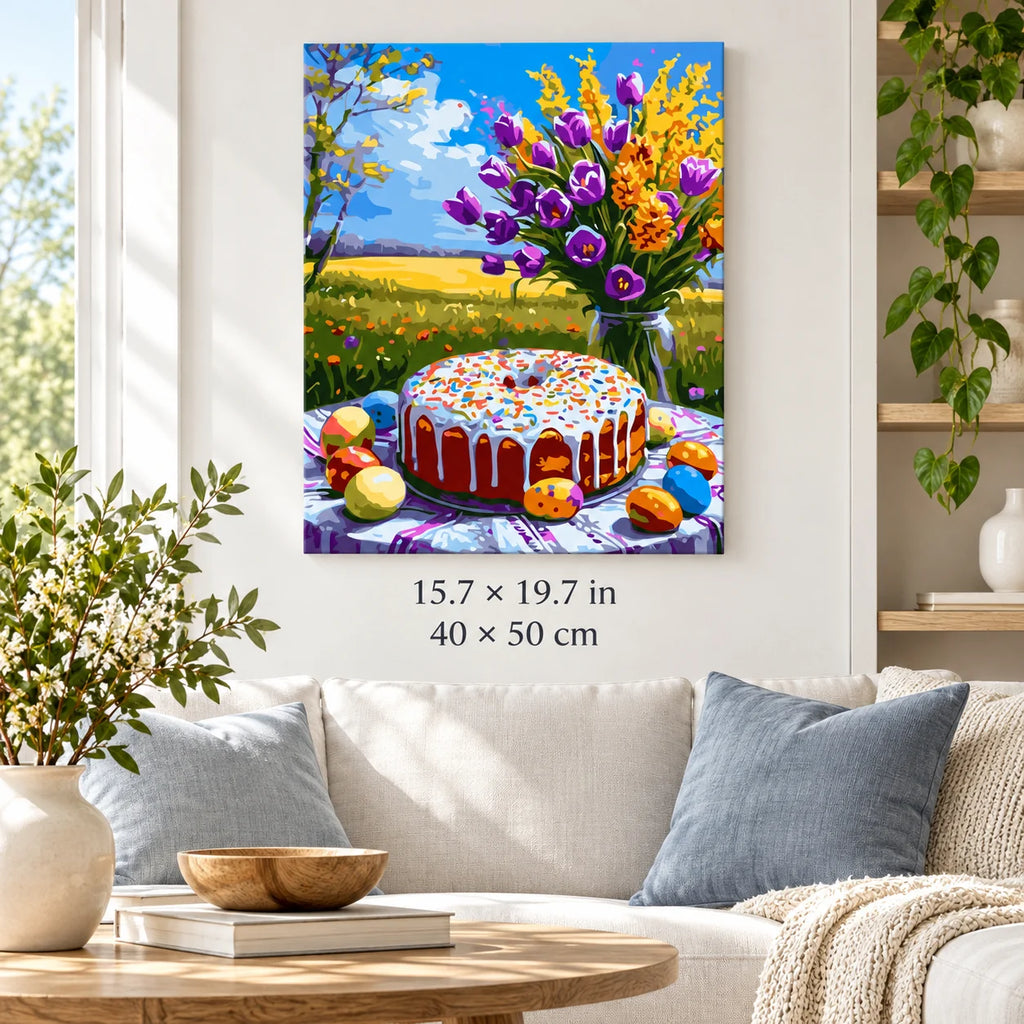 Easter Cake and Tulip Bouquet shown in a styled room with 15.7 × 19.7 in and 40 × 50 cm dimensions