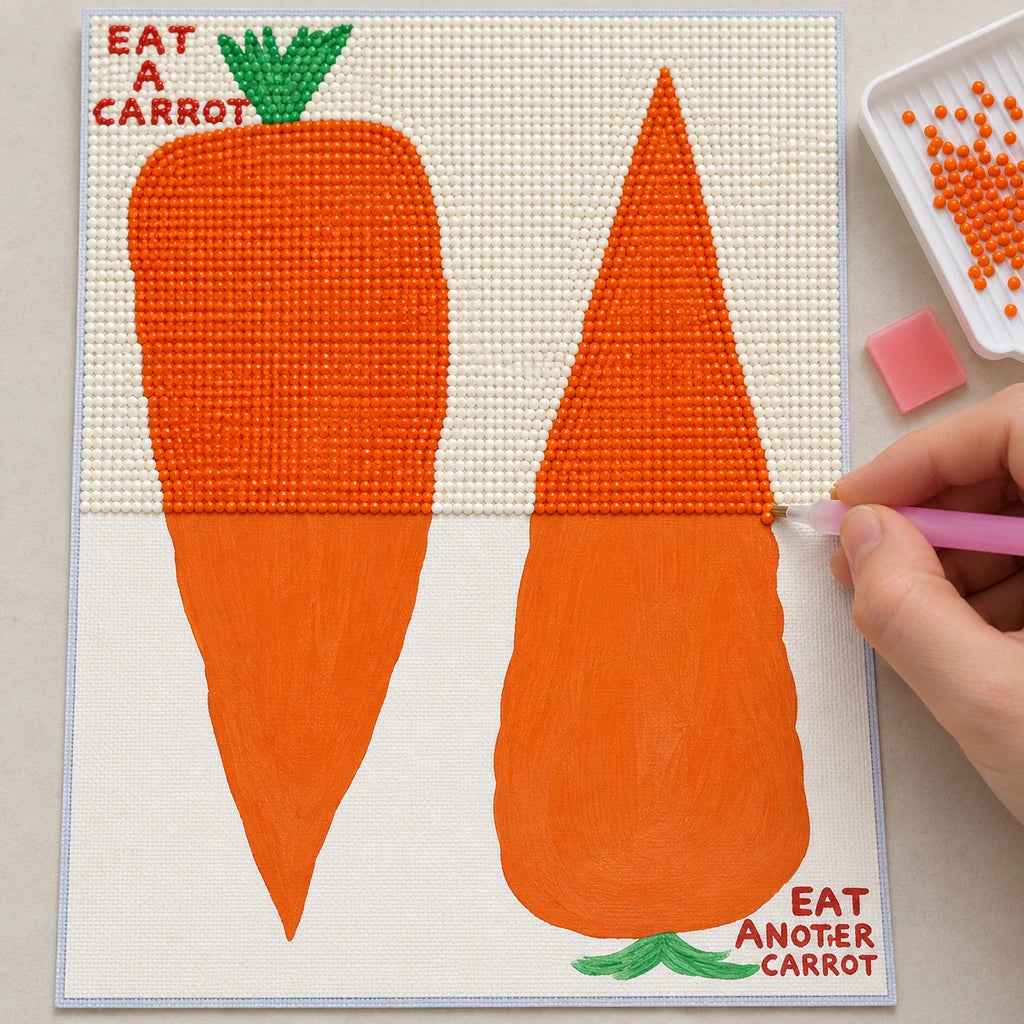 Diamond painting process for Eat Another Carrot Diamond Painting Kit, with drills being placed over two orange carrots with the words “Eat Another Carrot”.