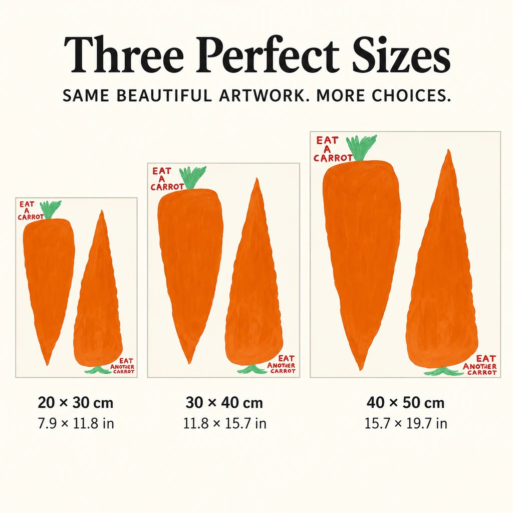 Size guide for Eat Another Carrot Diamond Painting Kit: 20 × 30 cm, 30 × 40 cm, and 40 × 50 cm.