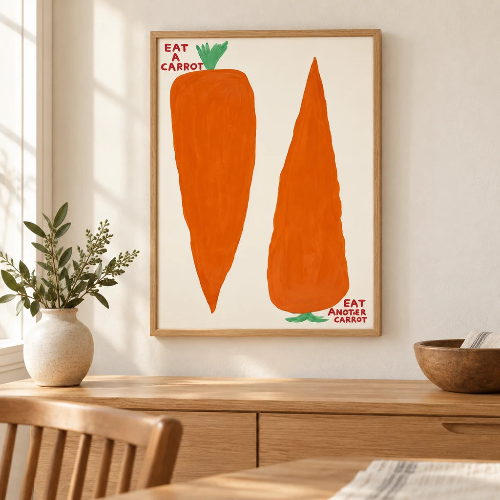 Home decor scene showing Eat Another Carrot Diamond Painting Kit artwork displayed on a wall.