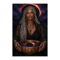 Original design of a veiled oracle holding a ceremonial bowl beneath an eclipse halo.