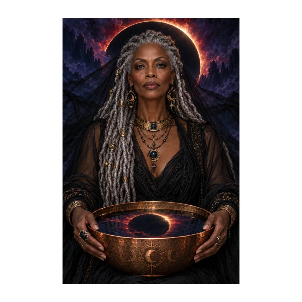 Original design of a veiled oracle holding a ceremonial bowl beneath an eclipse halo.