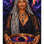 Finished diamond painting of an oracle with a glowing eclipse and ritual bowl.