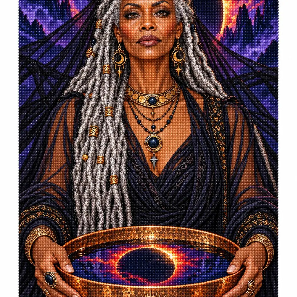 Finished diamond painting of an oracle with a glowing eclipse and ritual bowl.