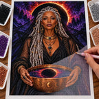 Hand placing drills on the veiled oracle diamond painting canvas.