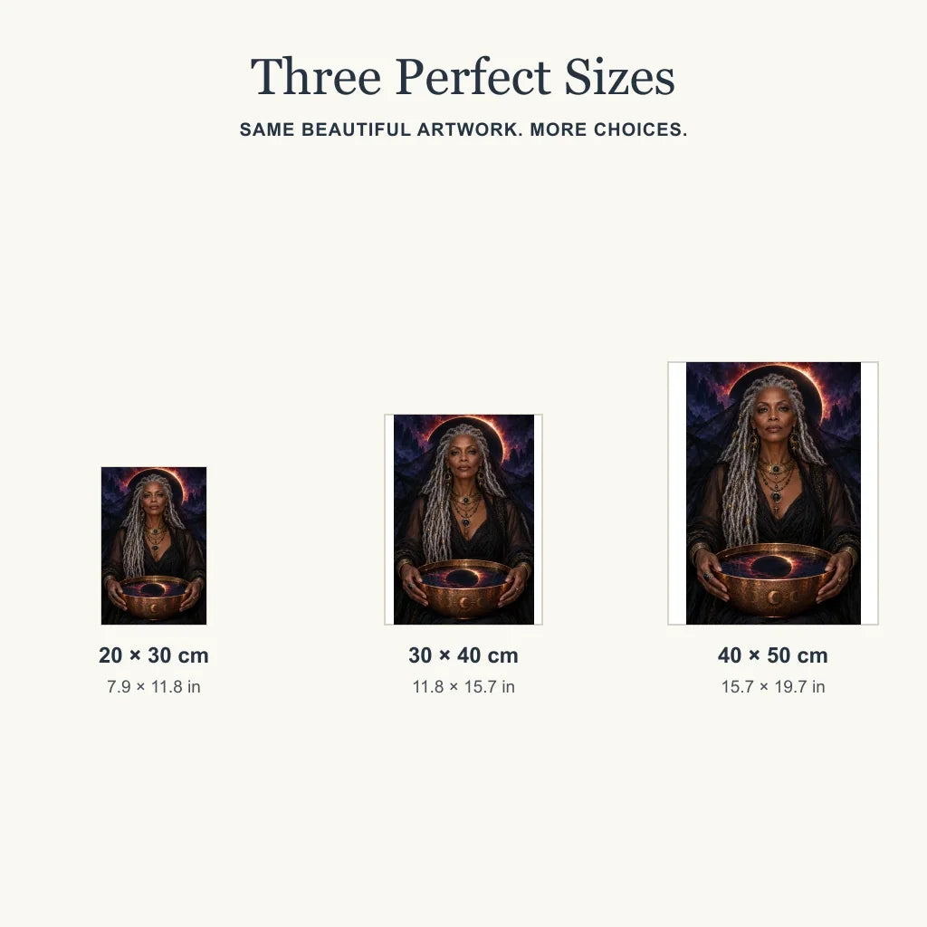Three size options for the Eclipse Veil Oracle diamond painting kit.