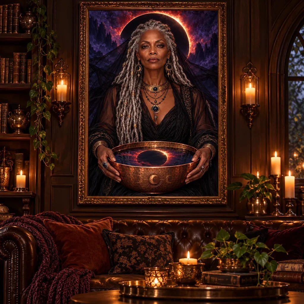 Framed Eclipse Veil Oracle artwork displayed in a candlelit room.
