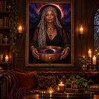 Framed Eclipse Veil Oracle artwork displayed in a candlelit room.