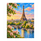White-background finished diamond painting of Eiffel Tower Morning.