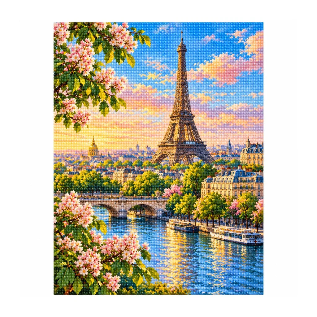 White-background finished diamond painting of Eiffel Tower Morning.