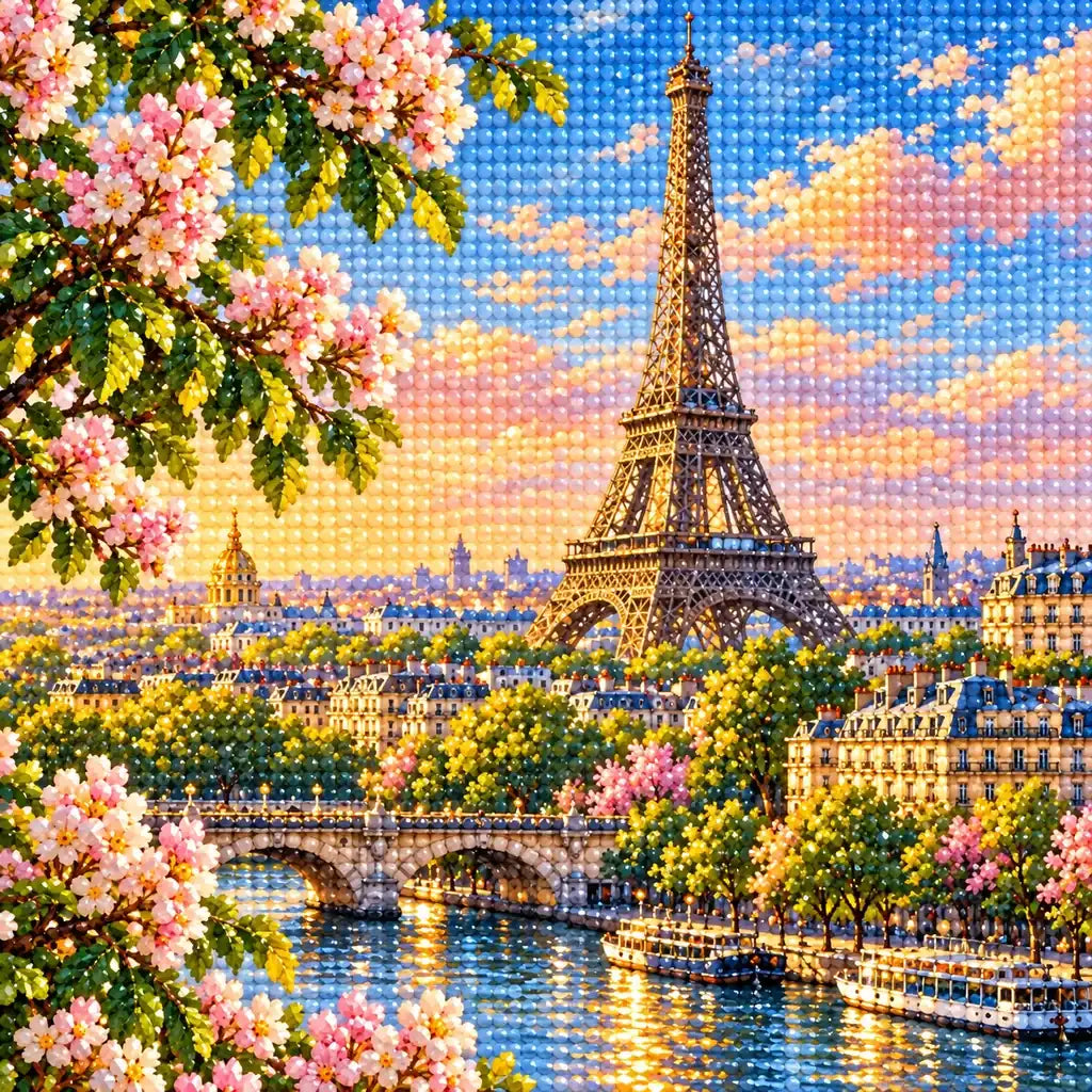 Close-up of drill details in the Eiffel Tower Morning diamond painting.