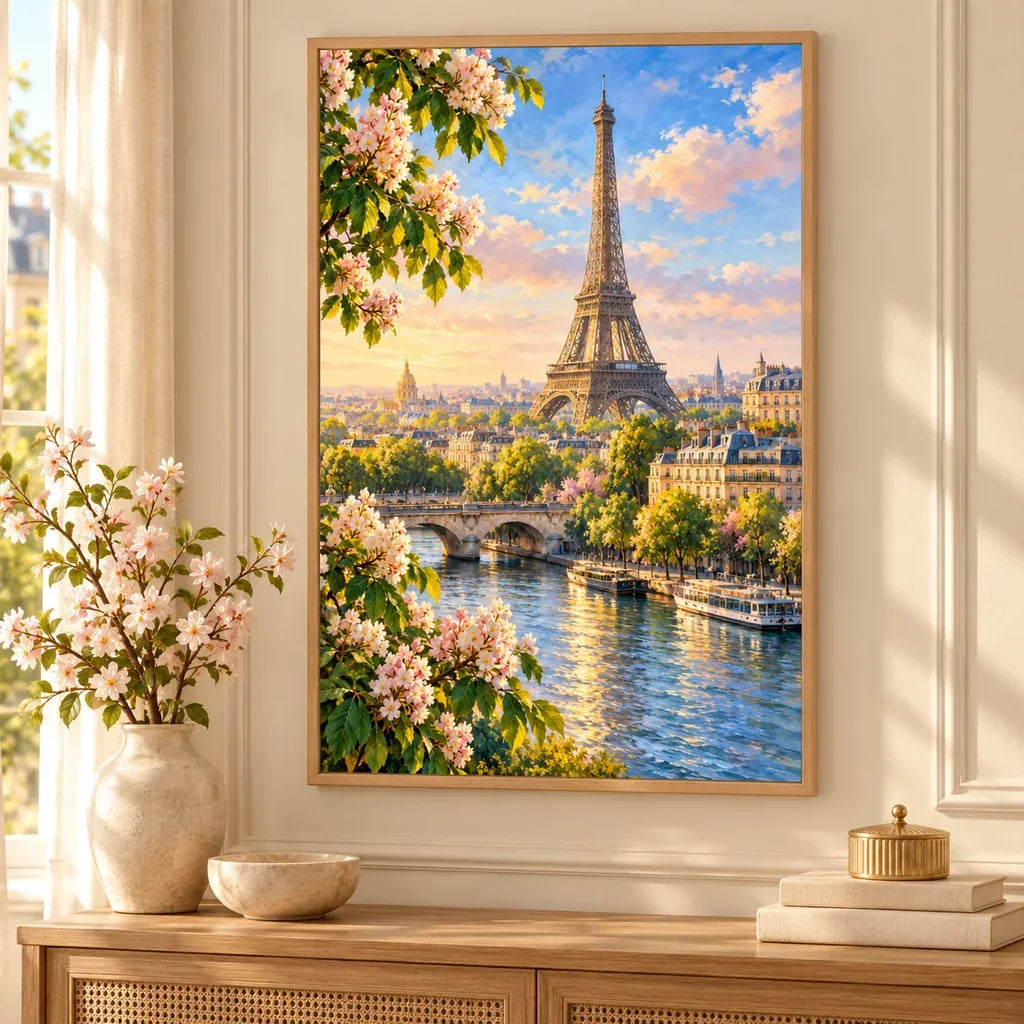 Framed Eiffel Tower Morning diamond painting displayed as home decor.