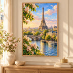 Framed Eiffel Tower Morning diamond painting displayed as home decor.