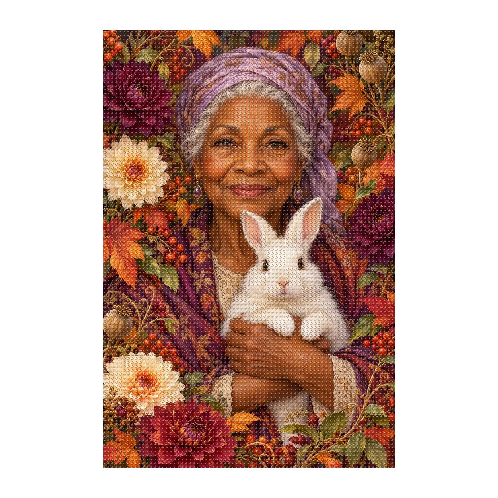 Finished white-background diamond painting of Elder Gardener and White Rabbit