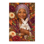 Finished white-background diamond painting of Elder Gardener and White Rabbit