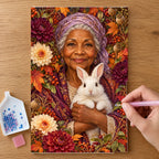 Hands placing drills on the Elder Gardener and White Rabbit diamond painting canvas