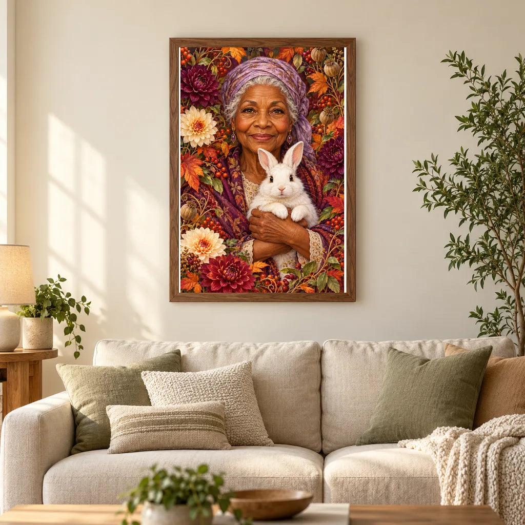 Framed Elder Gardener and White Rabbit diamond painting displayed in a home interior