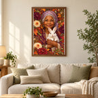Framed Elder Gardener and White Rabbit diamond painting displayed in a home interior