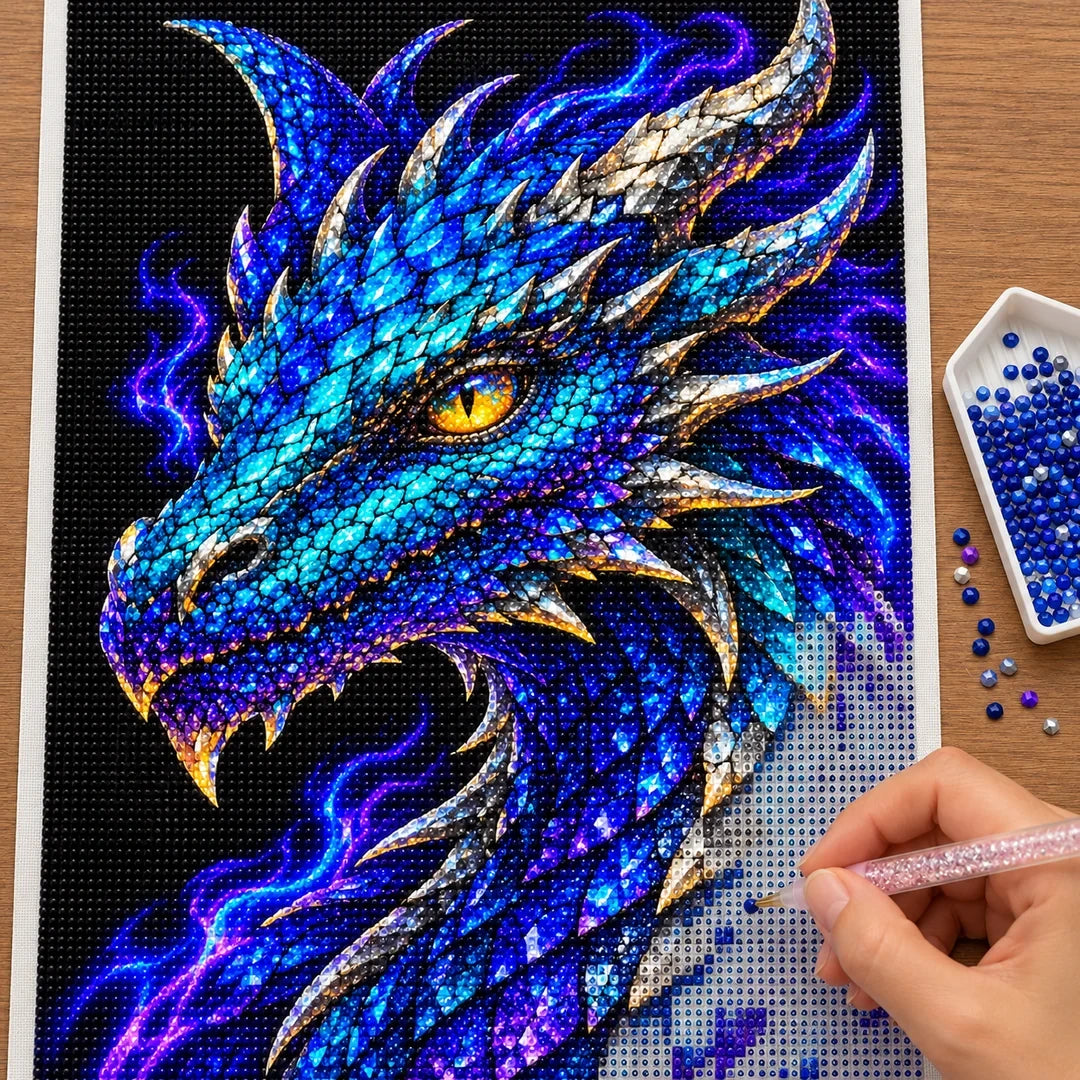 Electric Cobalt Mosaic Dragon diamond painting process with pen and tray