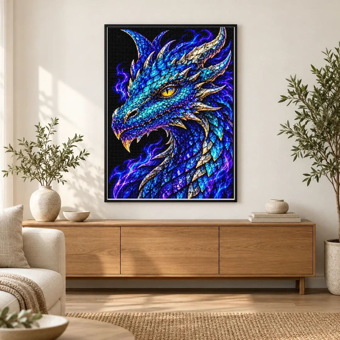 Electric Cobalt Mosaic Dragon finished diamond painting in a home interior