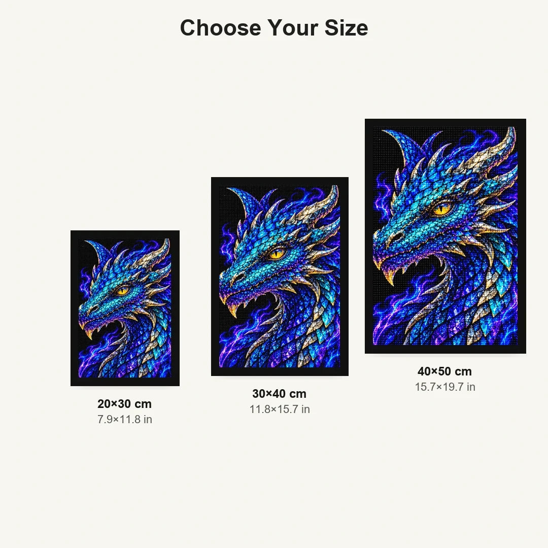 Electric Cobalt Mosaic Dragon 20 by 30, 30 by 40, and 40 by 50 centimeter size guide