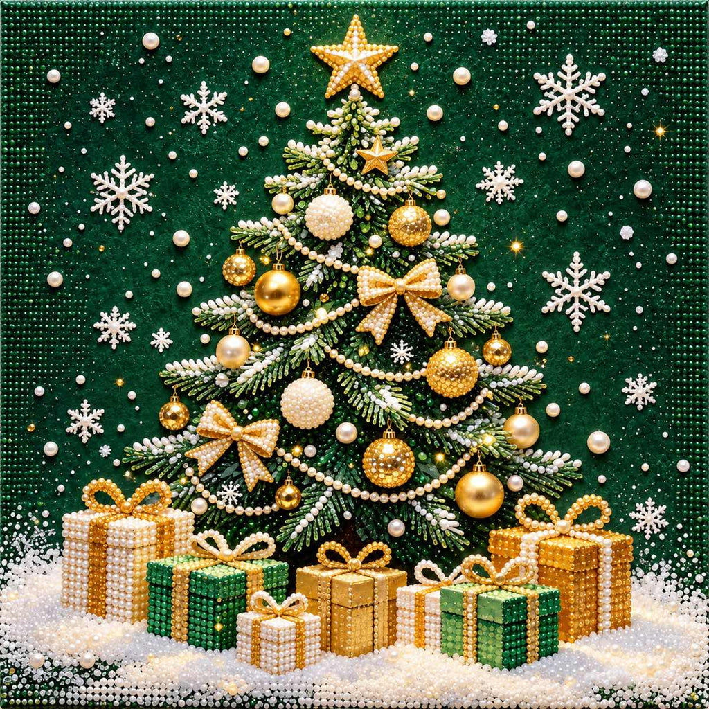 Emerald Christmas Tree and Gifts Pearl Diamond Painting Kit detail