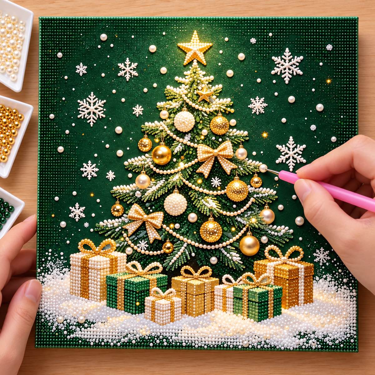 Emerald Christmas Tree and Gifts Pearl Diamond Painting Kit process