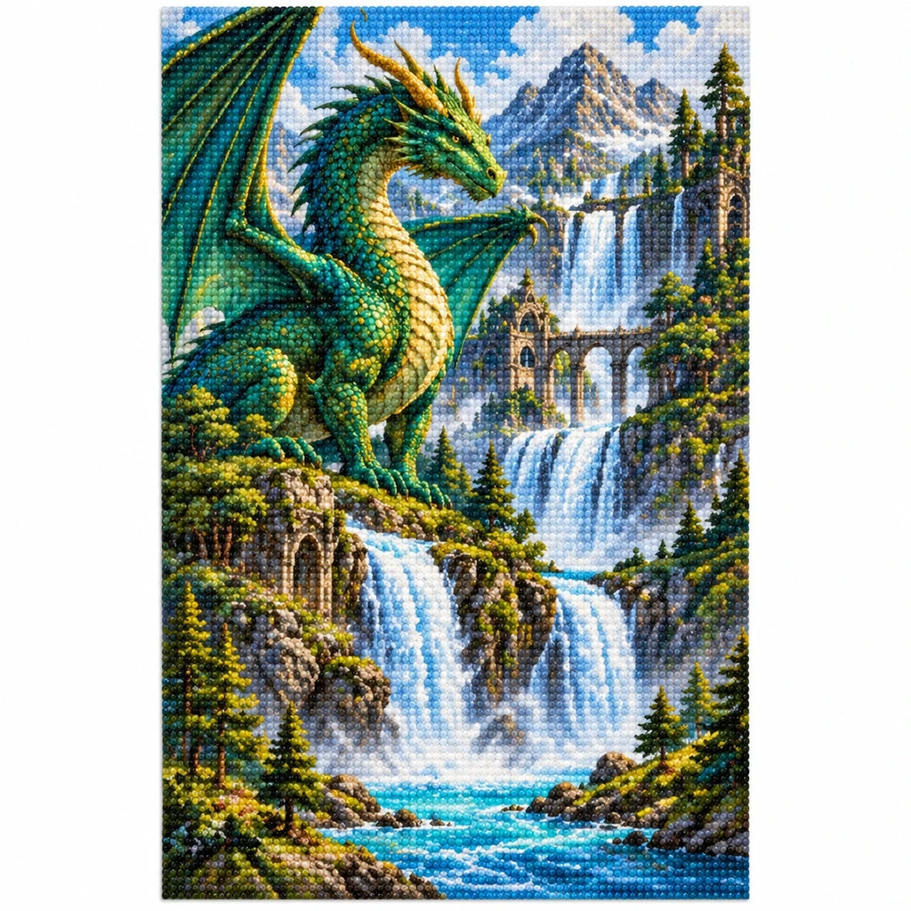 Emerald Dragon Mountain Waterfall Diamond Painting Kit finished diamond artwork on white background