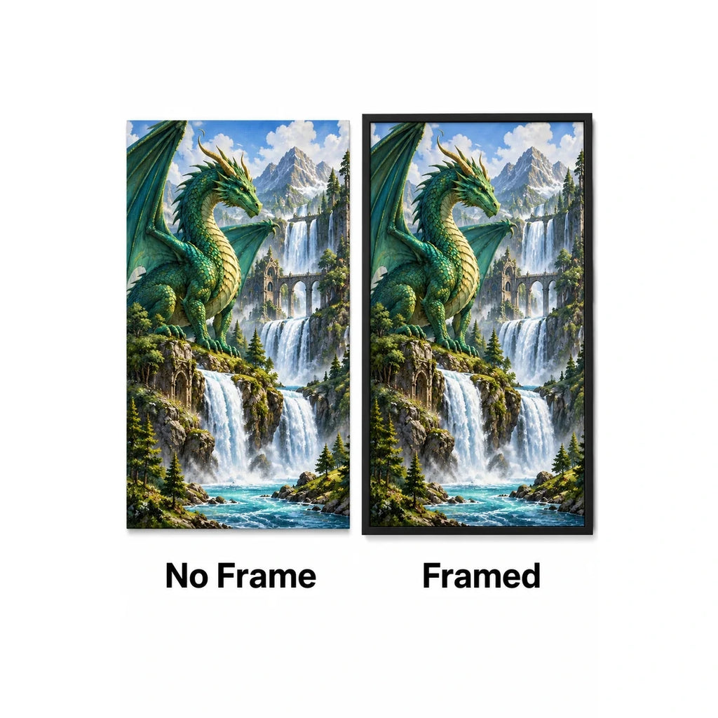 Emerald Dragon Mountain Waterfall Diamond Painting Kit No Frame and Framed comparison