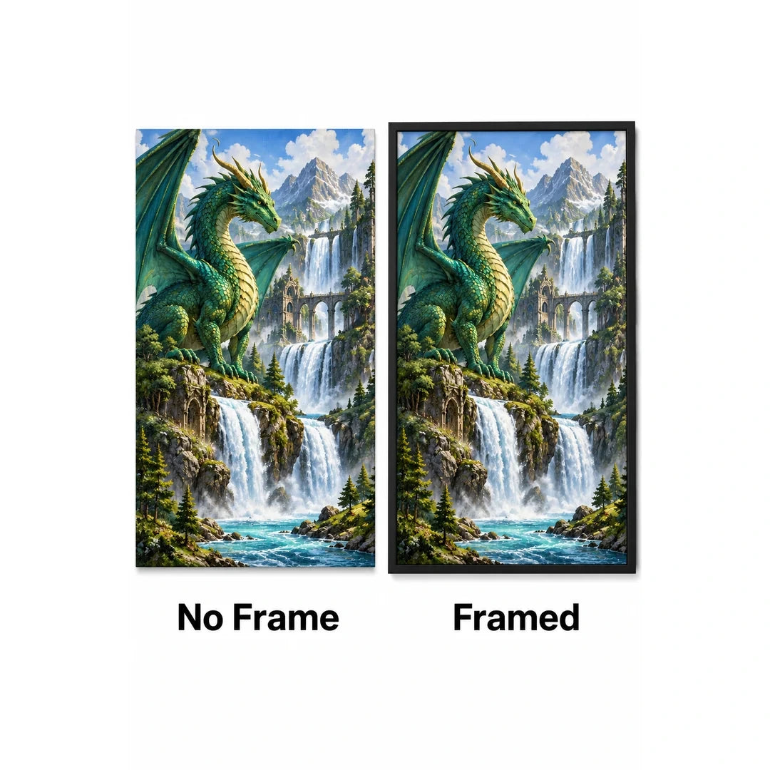Emerald Dragon Mountain Waterfall Diamond Painting Kit No Frame and Framed comparison