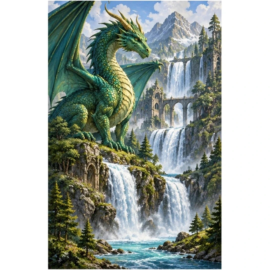 Emerald Dragon Mountain Waterfall Diamond Painting Kit original artwork on white background